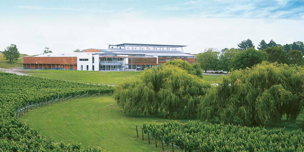Villa Maria's state-of-the-art Auckland winery set among gentle slopes of vines, and trees