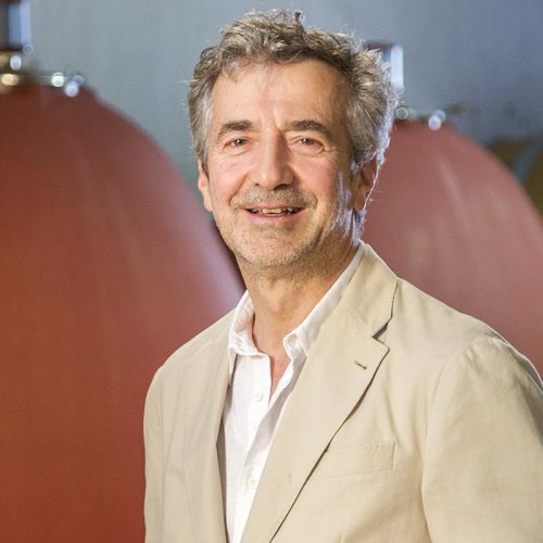 Eduardo Chadwick, President and Owner, stood in a tan coloured casual in front of terracotta coloured egg shaped fermenters