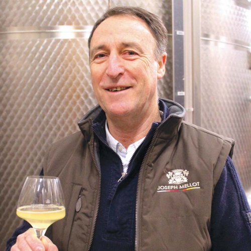 Norbert Buchonnet, the Joseph Mellot Winemaker and Chef de Cave, dressed in a brown company gilet and holding a sample of white wine from the tank behind him