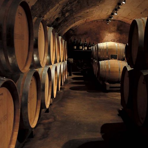 Joseph Mellot stone cellar with an arched roof and barrels stacked two high