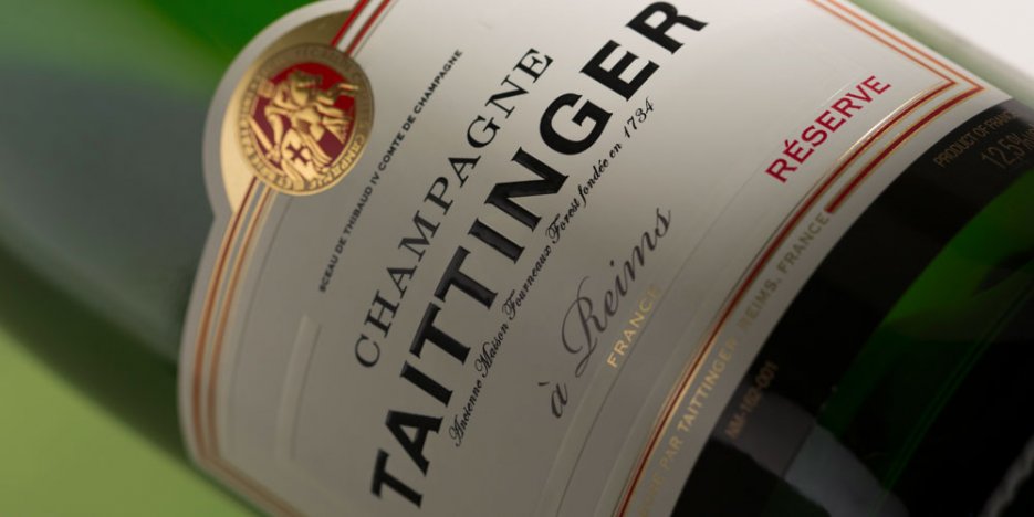 Taittinger Brut Réserve NV - the signature cuvée of the house - close up image of wine label