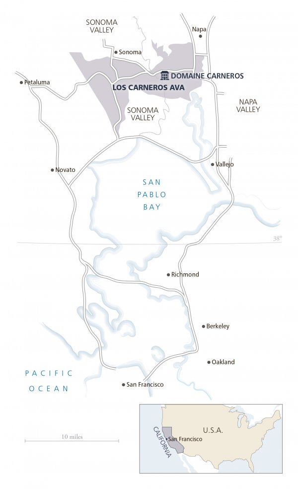 Map of Domaine Carneros located in the wider San Pablo Bay area of California
