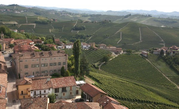Barbaresco town with the Gaja winery on the left, and Alteni di Brassica vineyards