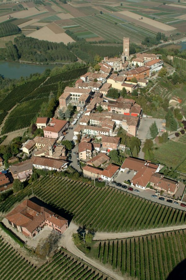 Barbaresco town from the air surrounded by vineyards