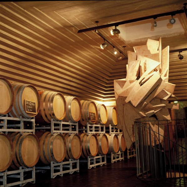 Gaja Barbaresco winery barrels and sculpture