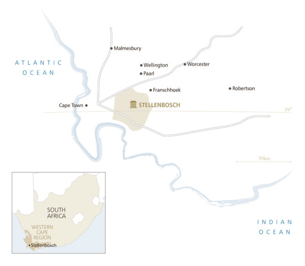 Outline map of South Africa indicating key towns of the Western Cape and marking Stellenbosch - home of Kleine Zalze