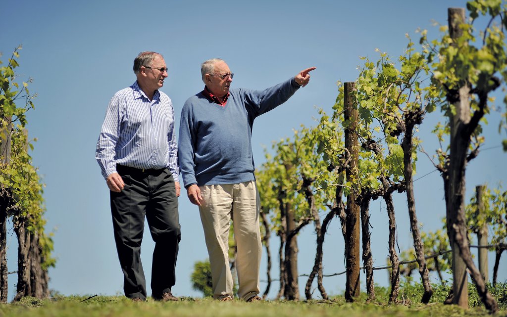 Sandy Oatley and his father Bob (deceased) walking down a row of vines - image credit Jack Atley