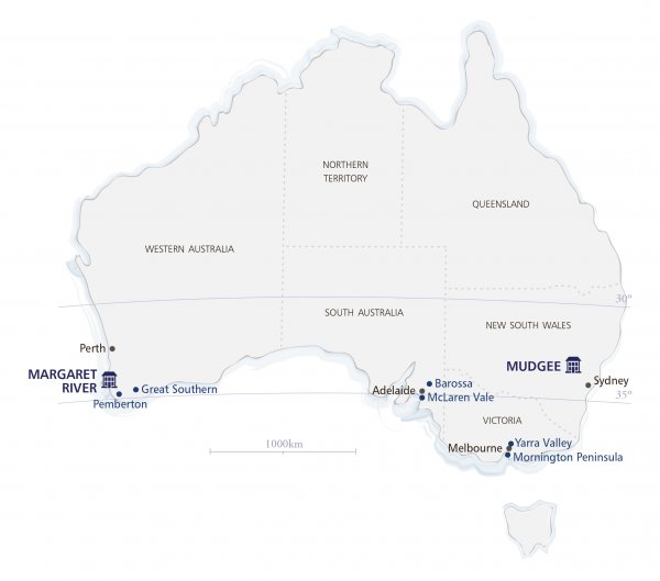 Map of Australia, showing Robert Oatley vineyard and winery locations
