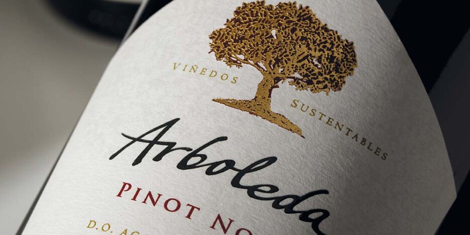 Close up label of Arboleda Pinot Noir focusing on the gold tree logo and Arboleda name on white label