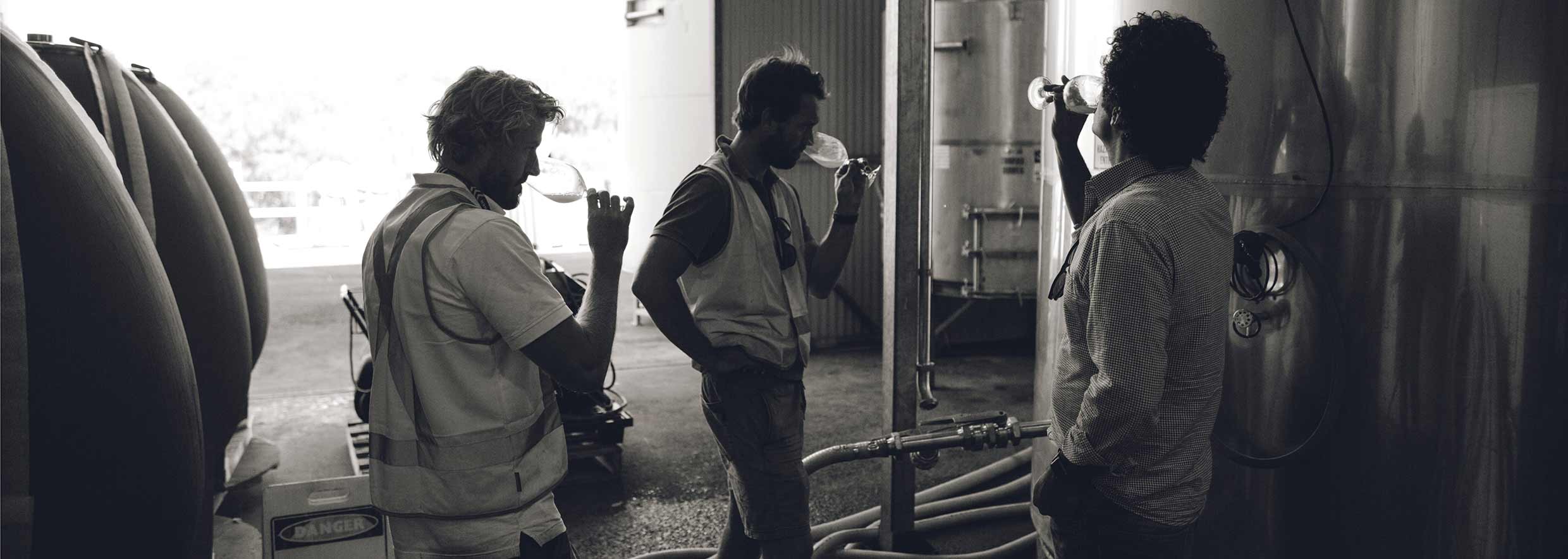 black and white image of three men sampling wine from wine glasses stood among steel and earthenware winemaking tanks, pipes across the floor, a large open door behind them letting in the bright sunlight.